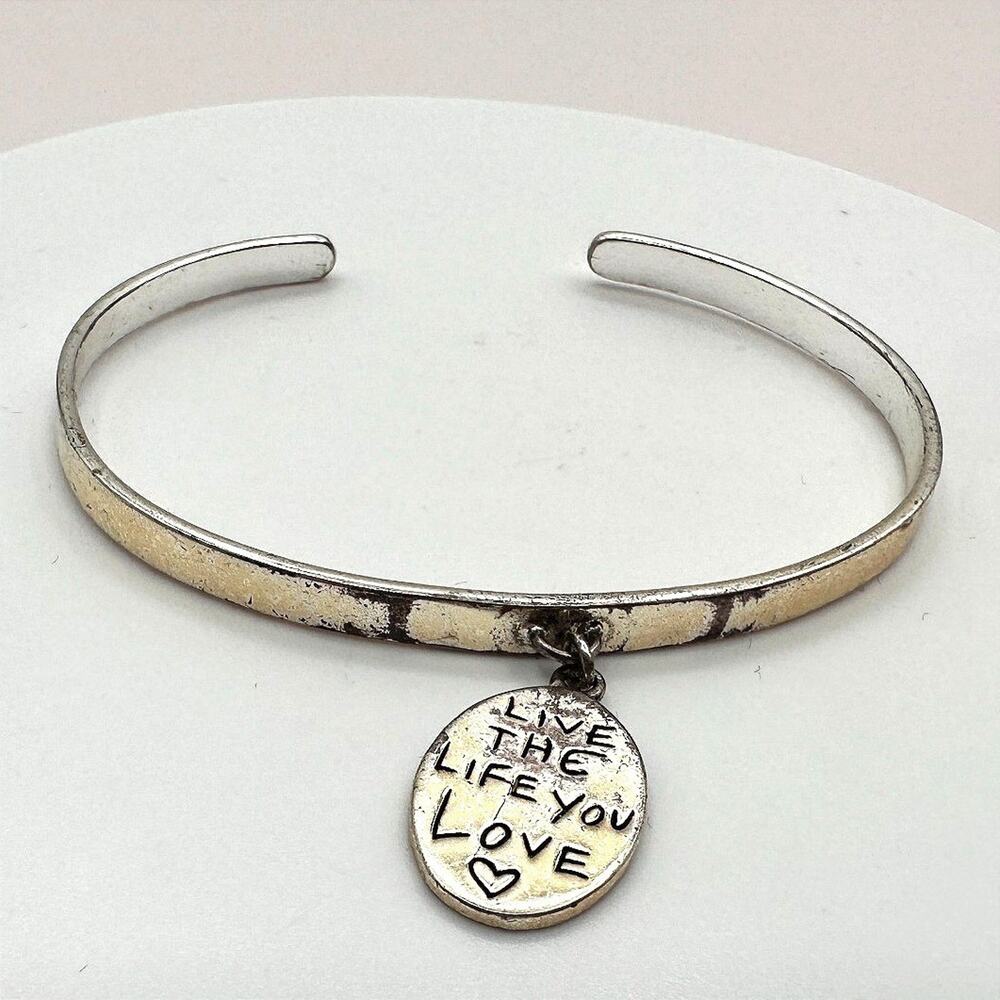 Vintage 90s Silver Tone Hand Bracelet Live The Life You Love Heart Charm Jewelry